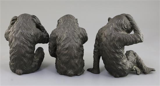 A set of Japanese bronze okimono of the three wise monkeys, Meiji period, H. 15.5cm - 17cm (3), only Mizaru signed